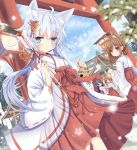  4girls :d akatsuki_(kantai_collection) alternate_costume animal_ears aruka_(alka_p1) blue_eyes brown_eyes brown_hair ema eyebrows_visible_through_hair hakama hibiki_(kantai_collection) highres ikazuchi_(kantai_collection) inazuma_(kantai_collection) japanese_clothes kantai_collection long_hair long_sleeves miko multiple_girls open_mouth purple_hair red_hakama short_hair shrine shrine_bell silver_hair smile snowflakes torii verniy_(kantai_collection) violet_eyes wide_sleeves 