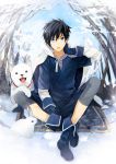  1boy :o bird_on_arm black_hair blue_eyes blue_footwear blue_pants blue_shirt blue_sky boots commentary_request day dog hair_between_eyes indian_style long_sleeves looking_at_viewer male_focus original outdoors pants rabbit shirt sitting sky snow solo takerusilt 