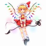  1girl ascot blonde_hair commentary_request eyebrows_visible_through_hair fang flandre_scarlet full_body hat highres laevatein long_hair looking_at_viewer m9kndi open_mouth red_eyes red_skirt side_ponytail skirt solo touhou white_background wings wrist_cuffs yellow_neckwear 