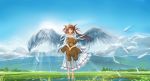  1girl angel_wings blue_sky brown_eyes brown_hair clouds day dress grass hair_ornament highres holding holding_stuffed_animal long_hair morisan original outdoors sky standing stuffed_animal stuffed_toy sunlight teddy_bear two_side_up water white_dress wings 
