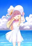  1girl :d ^_^ ^o^ adjusting_clothes adjusting_hat arm_behind_back arm_up bangs blonde_hair blue_sky blunt_bangs blush braid closed_eyes clouds collarbone cowboy_shot day dress facing_viewer flower hand_on_headwear hat hat_flower horizon legs_apart lillie_(pokemon) long_hair mei_(maysroom) ocean open_mouth pokemon pokemon_(game) pokemon_sm see-through signature sky sleeveless sleeveless_dress smile solo standing sun_hat sundress sunflower twin_braids water white_dress white_hat 