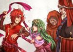  1girl 3boys bantu cheine chiki fire_emblem fire_emblem:_ankoku_ryuu_to_hikari_no_tsurugi fire_emblem:_mystery_of_the_emblem fire_emblem:_shin_ankoku_ryuu_to_hikari_no_tsurugi fire_emblem:_shin_monshou_no_nazo gato_(fire_emblem) green_hair grin gzei hair_down headband laughing mamkute multiple_boys redhead smile tiara 