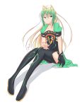  1girl ahoge animal_ears atalanta_(fate) black_gloves boots breasts cat_ears cleavage fate/apocrypha fate/grand_order fate_(series) gloves green_eyes green_hair highres kino_(kino_511) long_hair multicolored_hair patting_lap single_glove sketch small_breasts smile solo thigh-highs thigh_boots thighs white_background 