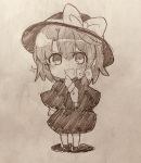  blush bow capelet chibi efukei eyebrows_visible_through_hair full_body hair_between_eyes hair_bow hand_on_own_face hat hat_bow highres long_sleeves looking_at_viewer monochrome open_mouth shoes short_hair skirt sleeve_cuffs socks standing touhou traditional_media usami_renko 