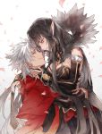  1boy 1girl amakusa_shirou_(fate) bare_shoulders black_dress black_hair bridal_gauntlets commentary_request dark_skin detached_sleeves dress elbow_gloves fate/apocrypha fate_(series) fur_trim gloves hug long_hair pointy_ears semiramis_(fate) smile very_long_hair white_hair wrt_(arpaca) yellow_eyes 