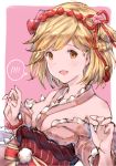  1girl :d bare_shoulders bead_bracelet beads blonde_hair blush bracelet breasts brown_eyes djeeta_(granblue_fantasy) granblue_fantasy hair_ribbon highres jewelry long_sleeves looking_at_viewer milli_little obi off_shoulder open_mouth pink_background pom_pom_(clothes) red_ribbon ribbon sash short_hair simple_background sketch small_breasts smile solo spoken_blush upper_body w_arms 