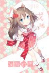  1girl 2018 animal_ears blue_eyes brown_hair chitetan commentary_request dog_ears dog_tail dress floral_background flower frilled_dress frills hair_flower hair_ornament original parted_lips sandals tabi tail 