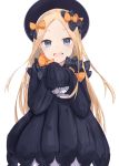  1girl :d abigail_williams_(fate/grand_order) bangs black_bow black_dress black_hat blonde_hair bloomers blue_eyes blush bow butterfly commentary_request dress fate/grand_order fate_(series) forehead hair_bow hat head_tilt long_hair long_sleeves looking_at_viewer nikkori_yasu open_mouth orange_bow own_hands_together parted_bangs polka_dot polka_dot_bow simple_background sleeves_past_wrists smile solo underwear very_long_hair white_background white_bloomers 