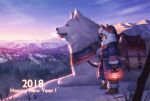  1girl 2018 animal animal_ears ankle_boots arm_at_side backpack bag bangs blue_hat blue_sky blush boots breath brown_footwear brown_gloves brown_hair brown_pants closed_mouth coat day dog ears_through_headwear esukee forest full_body fur-trimmed_boots fur-trimmed_hat fur-trimmed_sleeves fur_trim gloves grass happy_new_year hat highres holding_lantern lantern light light_particles long_coat long_sleeves looking_afar mountainous_horizon nature new_year nose_blush original outdoors oversized_animal pants profile saddle sash short_hair sky smile snow solo standing tongue tongue_out violet_eyes white_fur winter_clothes winter_coat 
