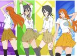  black_hair black_thighhighs bleach bowtie breasts dress_shirt flat_chest inoue_orihime kneehighs kuchiki_rukia long_hair makacoon miniskirt multiple_girls necktie orange_hair pose school_uniform short_hair skirt sleeves_rolled_up socks thigh-highs thighhighs zettai_ryouiki 