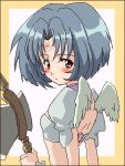  .hack//sign angel_wings axe back blue_hair blush brown_eyes crop_top facial_mark flat_chest forehead_mark kurou_(artist) looking_back lowres oekaki pixel_art short_hair subaru subaru_(.hack//) weapon wings 