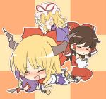  blonde_hair bonnet bow brown_hair chibi demon drunk gourd hakurei_reimu ibuki_suika japanese_clothes jug kurot miko ribbon skirt touhou yakumo_yukari 