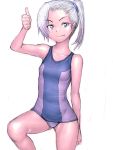  blue_eyes fang flat_chest humio one-piece_swimsuit short_hair side_ponytail silver_hair simple_background swimsuit thumbs_up 