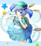  1girl :q backpack bag blue_eyes blue_hair cattail gears hair_bobbles hair_ornament haru_(toarutakii) hat jumping kawashiro_nitori key plant rubber_boots short_hair short_sleeves skirt skirt_set solo star tongue touhou twintails wink 