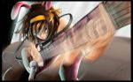  bare_shoulders brown_eyes brown_hair bunny_ears bunnysuit davlockheart foreshortening guitar hair_ribbon instrument microphone motion_blur pantyhose rabbit_ears ribbon suzumiya_haruhi suzumiya_haruhi_no_yuuutsu 