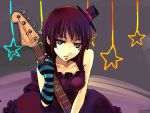 1girl akiyama_mio asymmetrical_clothes bad_id bangs bass bass_guitar blunt_bangs don&#039;t_say_&quot;lazy&quot; don&#039;t_say_lazy dress face_paint facepaint gloves hat hime_cut instrument k-on! kochoko mini_top_hat single_glove solo star striped top_hat 
