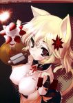  animal_ears blonde_hair breasts cat_ears erect_nipples food fruit highres red_eyes spoon strawberry tail tray urotan waitress 