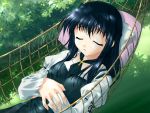  black_hair cross crossed_arms dress game_cg grass hair_ribbon hammock long_hair pillow ribbon shirakawa_sayaka sleeping suika_(game) 