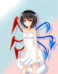  1girl :t alternate_costume asymmetrical_wings black_hair bow breasts clenched_hand dress gradient gradient_background highres houjuu_nue looking_at_viewer nankaichimu pout red_eyes shadow short_hair simple_background solo sundress touhou wings 