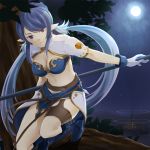  armor bad_id bikini_armor blue_hair boots breasts bun cleavage gloves hair_bun judith long_hair midriff moon night pointy_ears polearm red_eyes sky smile solo squat squatting star star_(sky) starry_sky tales_of_(series) tales_of_vesperia towa_(pixiv) tree twintails weapon white_gloves 