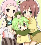  3girls :&lt; bad_id hair_grab hug kl-chan maruki_(punchiki) mono_(character) multiple_girls open_mouth original punchiki_(character) wink 