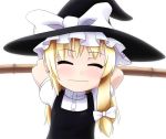  arms_behind arms_behind_back arms_up bamboo blonde_hair bow broom chibi closed_eyes hair_bow hat kirisame_marisa kusaba smile solo touhou witch_hat 