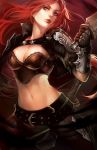 belt breasts bustier dagger gloves katarina_du_couteau knife league_of_legends long_hair midriff na_young_lee redhead scar weapon 