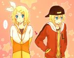  backwards_hat bad_id baseball_cap blonde_hair cap_backwards casual hair_ornament hairclip hand_in_pocket hat hoodie jewelry juvenile_(vocaloid) kagamine_len kagamine_rin necklace necktie p_satoko siblings twins vocaloid 