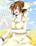  bad_id blush bow breasts brown_hair clannad cloud clouds family field furukawa_nagisa hair_bow hair_ornament hairclip hand_holding happy highres holding_hands jewelry large_breasts riku_yama ring sky smile sunlight 