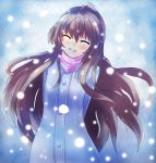  aisaka_taiga arms_behind arms_behind_back brown_hair closed_eyes happy hinata_(pixiv) hinata_(pixiv82569) hinata_sora long_hair scarf smile snow toradora! winter winter_clothes 