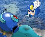  ?! blue_eyes blue_submarine_no_6 blush energy_tank helmet highres mouth_hold parody rockman rockman_(character) rockman_(classic) rockman_9 splash_woman swimming ticktank water 