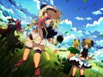  80ne80ne animal_ears blonde_hair blue_eyes blurry cloud clouds depth_of_field dutch_angle gloves grass hand_on_hat hat knife long_hair meadow outstretched_arms pixiv pixiv_fantasia pixiv_fantasia_3 purple_hair red_eyes ribbon rugo short_hair skirt sky spread_arms sword weapon wind 