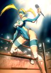  1girl blonde_hair blue_eyes boots breasts cleavage crowd genzoman gloves heart legs long_hair mask microphone rainbow_mika solo spotlight street_fighter twintails wrestling_outfit wrestling_ring 