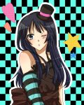  1girl akiyama_mio bad_id black_eyes black_hair checkered don&#039;t_say_&quot;lazy&quot; don&#039;t_say_lazy face_paint facepaint hat hime_cut k-on! koko_(artist) koko_(pixiv56390) mini_top_hat solo striped top_hat wink 