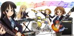  akiyama_mio amplifier band bass_guitar blush colonel_aki drum drum_set eyebrows guitar hirasawa_yui instrument k-on! keyboard keyboard_(instrument) kotobuki_tsumugi les_paul multiple_girls musical_note open_mouth pantyhose school_uniform smile synthesizer tainaka_ritsu wink yamaha 