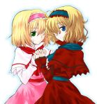  2girls alice_margatroid alternate_color blonde_hair blue_eyes capelet colored dress dual_persona frills green_eyes hair_over_one_eye hairband hand_holding holding_hands multiple_girls myama player_2 short_hair shoulder_cape touhou 