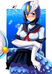  blue_eyes blush capcom elbow_gloves galaxy_man gloves helmet mermaid monster_girl rockman rockman_(classic) rockman_9 scales school_uniform serafuku skirt splash_woman underwater youhei youhei_(testament) 