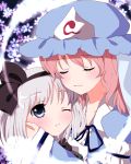  hat hitodama hug konpaku_youmu konpaku_youmu_(ghost) pink_hair purin purin_jiisan ribbon saigyouji_yuyuko silver_hair touhou 