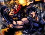  black_hair blonde_hair blood clenched_hands dio_brando epic fingerless_gloves gloves jojo_no_kimyou_na_bouken jonathan_joestar lowres male manly muscle patsuki short_hair 