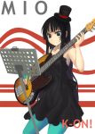  1girl akiyama_mio bangs bass_guitar black_hair blue_legwear blunt_bangs don&#039;t_say_&quot;lazy&quot; don&#039;t_say_lazy dress guitar hat hime_cut instrument k-on! long_hair mini_top_hat music_stand pantyhose shirajira solo top_hat 