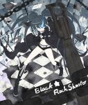  bad_id belt bikini_top black_hair black_rock_shooter black_rock_shooter_(character) blue_eyes boots chain checkered debris flat_chest front-tie_top gloves glowing glowing_eyes gun hood jacket katana knee_boots long_hair midriff pale_skin satogo scar short_shorts shorts solo star sword twintails uneven_twintails very_long_hair weapon zipper 