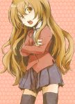  bad_id blonde_hair brown_eyes brown_hair crossed_arms long_hair miniskirt pleated_skirt school_uniform skirt solo tame thigh-highs thighhighs toradora! very_long_hair zettai_ryouiki 