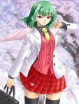  bag black_legwear bookbag cherry_blossoms closed_umbrella green_hair kazami_yuuka miniskirt necktie pinstripe_pattern plaid plaid_skirt pleated_skirt red_eyes school_uniform short_hair skirt smile standing tartan thigh-highs thighhighs touhou tsurime umbrella yaso_shigeru 