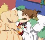  bed brown_hair guitar hirasawa_ui hirasawa_yui instrument k-on! les_paul multiple_girls pajamas school_uniform senpuuki serafuku short_hair siblings sisters sleeping 