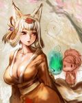  animal_ears bow_(artist) bow_(bhp) breasts chibi cleavage collarbone fox_ears fox_tail hair_up hitodama huge_breasts inari izuna_jinkuro japanese_clothes kimono kongiku large_breasts leaf leaf_on_head lips looking_back momohime oboro_muramasa oboro_muramasa_youtouden orange_eyes silver_hair tail yukata 