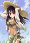  bangs bikini blunt_bangs breasts cleavage front-tie_top hand_on_hat hat highres hime_cut jacket large_breasts midriff open_clothes open_jacket open_mouth original panties sarong side-tie_bikini side-tie_panties smile sun_hat suppy swimsuit 