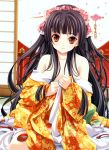  black_hair highres japanese_clothes kimono long_hair miyama-zero orange_eyes petals 