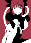  blunt_bangs braid hands kaenbyou_rin kiseru legs monochrome nose onigunsou partially_colored pipe raised_eyebrow red red_background red_hair redhead ribbon simple_background smirk smoke tail touhou twin_braids uneven_eyes 