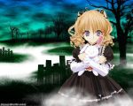    black_dress blonde_hair rabbit curly_hair fence fog graveyard hair_ribbon holding necklace violet_eyes   