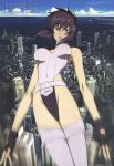  artist_request bare_shoulders belt breasts building city cityscape fingerless_gloves ghost_in_the_shell ghost_in_the_shell_stand_alone_complex gloves highres kusanagi_motoko large_breasts leotard lips motion_blur official_art purple_hair red_eyes short_hair signature sky speed_lines thighhighs water 